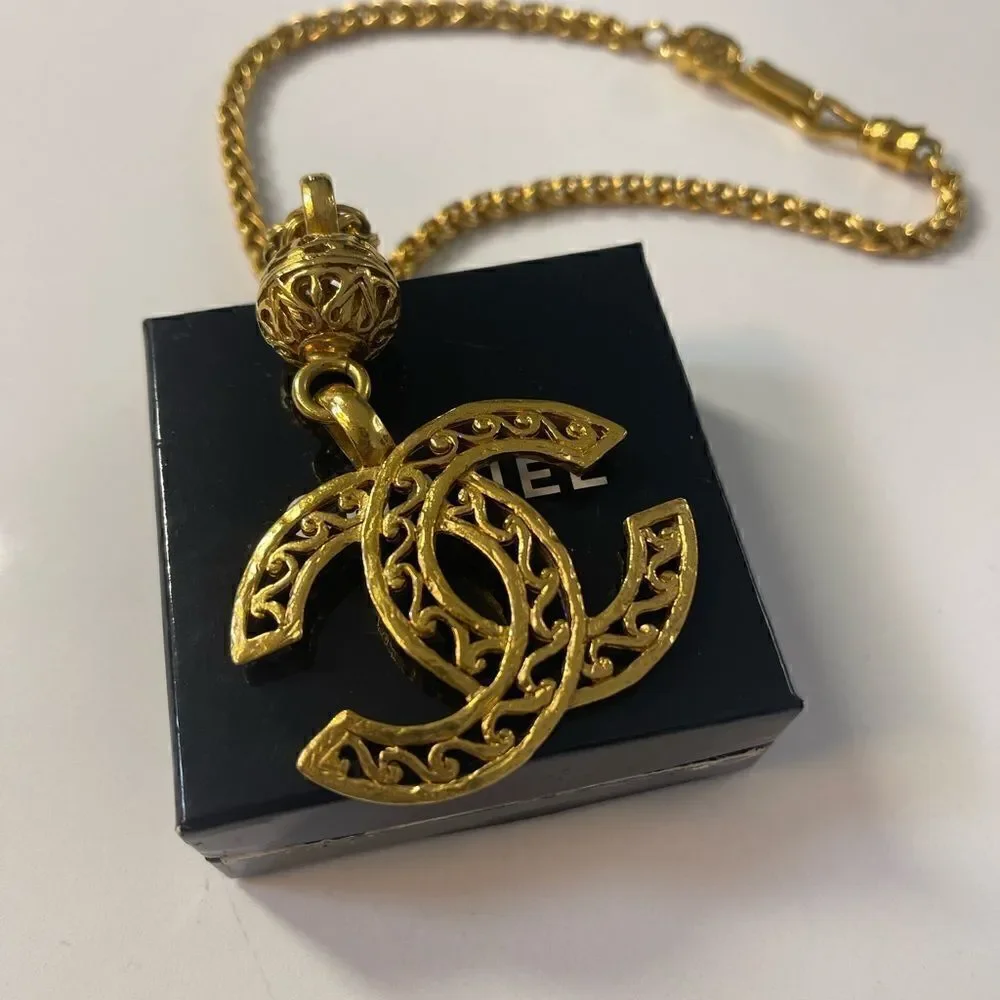 Chanel Vintage Coco Mark Gold Plated Filigree Necklace.